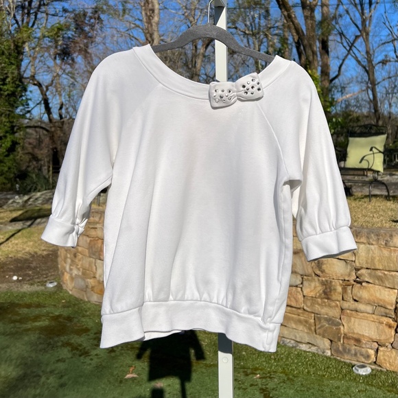 Boat Neck Top w/ Three-Quarter Cuffed Sleeves & Sequin Decorated Bow at Neck - Picture 1 of 14